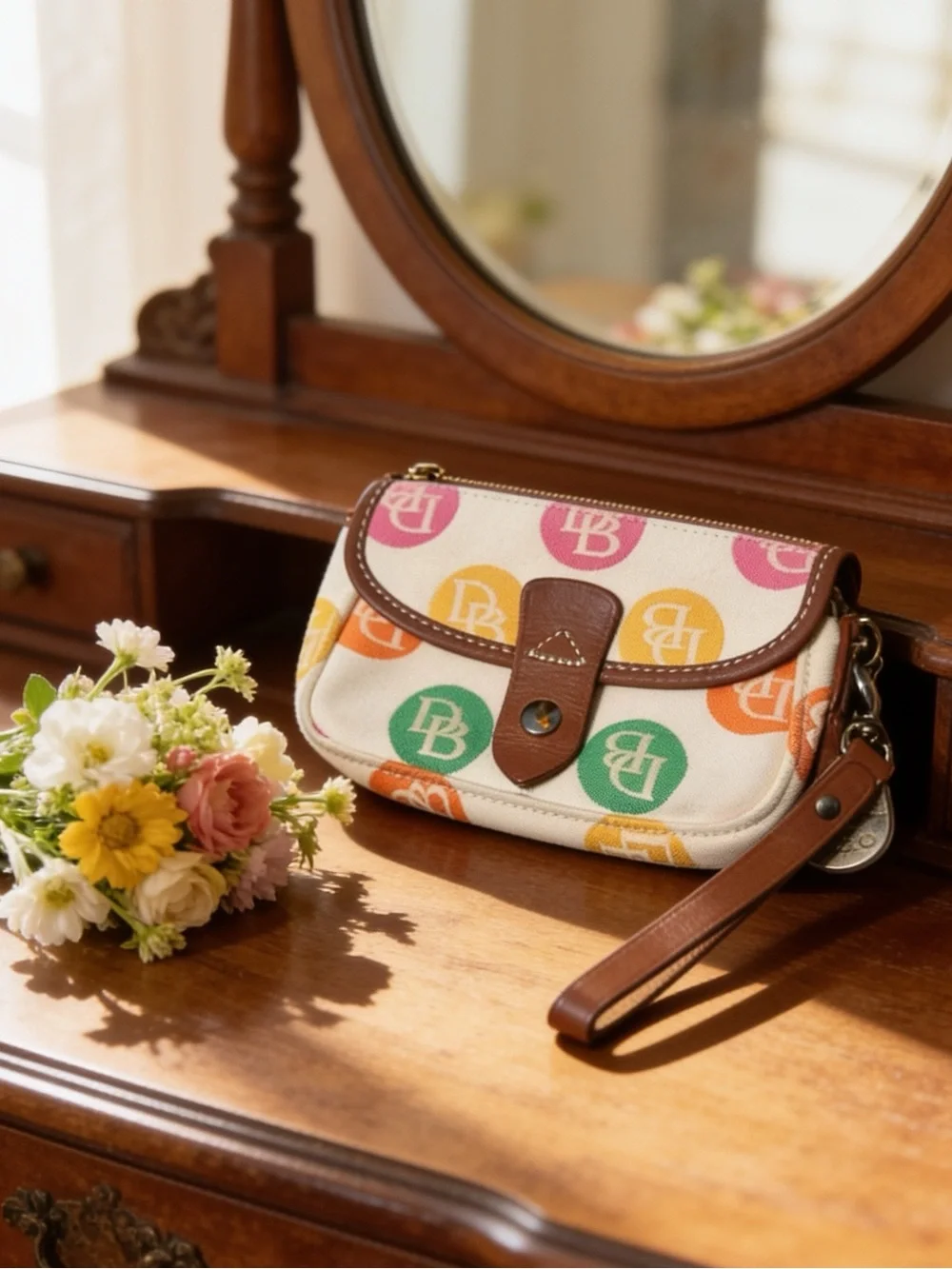 Vintage Dooney & Bourke Rainbow Monogram  Logo Dot Wristlet Cream & Brown Trim
